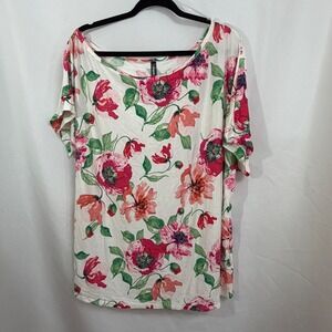 1 Clique Womens 2X Floral Print Short Sleeve Off Shoulder Top Ivory Pink Green